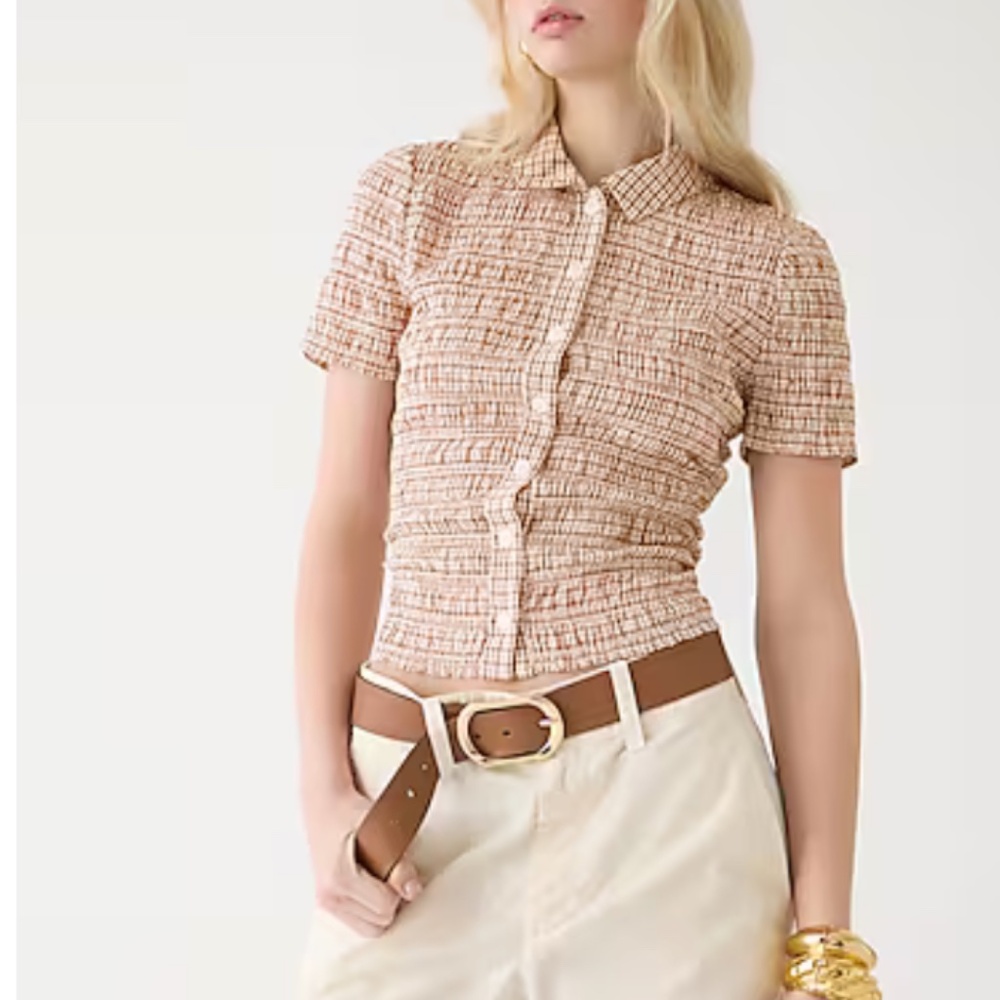 J. Crew Smocked Button-Up Shirt in Gingham Cotton Voile - Picture 1 of 8